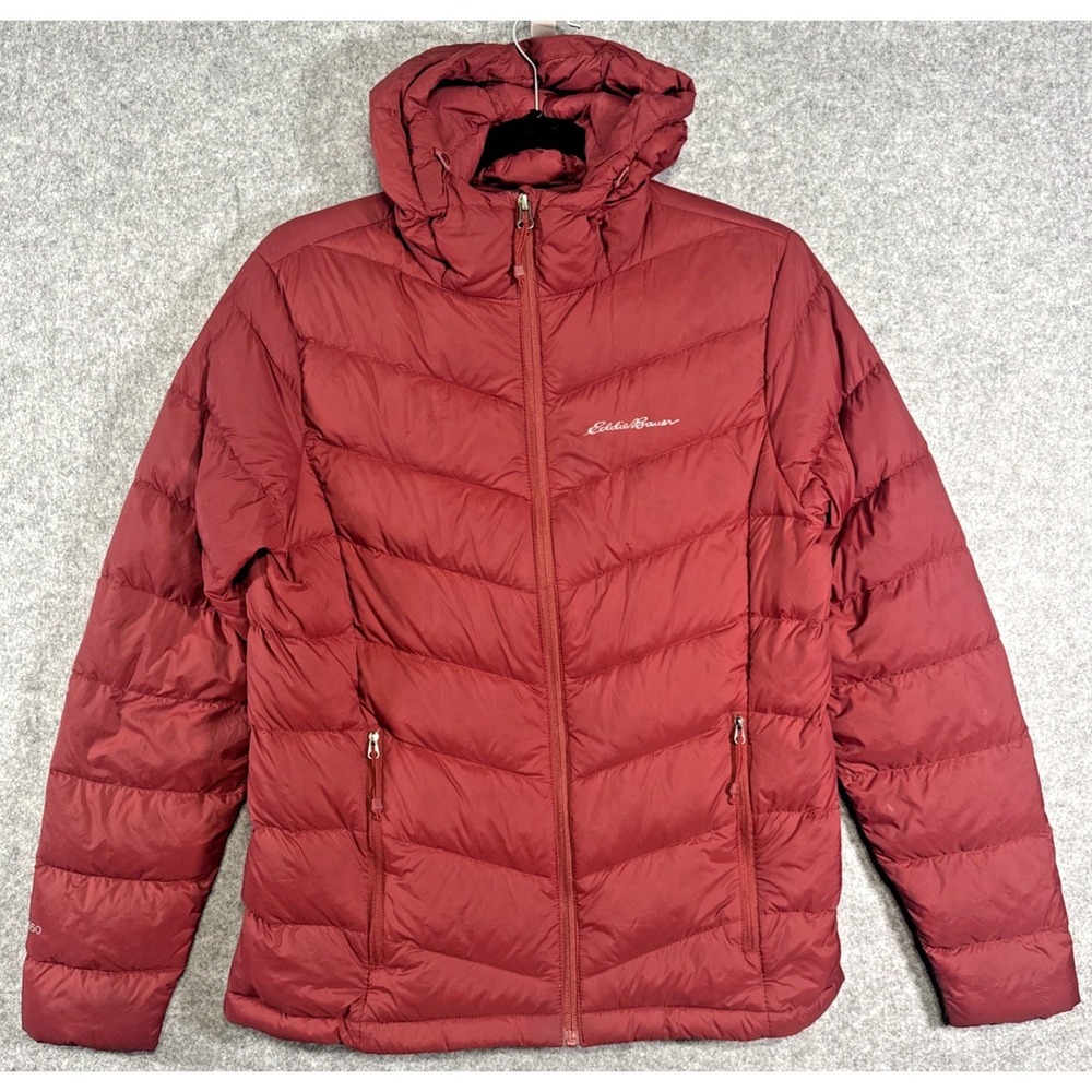 Eddie Bauer Puffer Jacket Womens S Red Hooded Down Fill Insulated Quilted Coat
